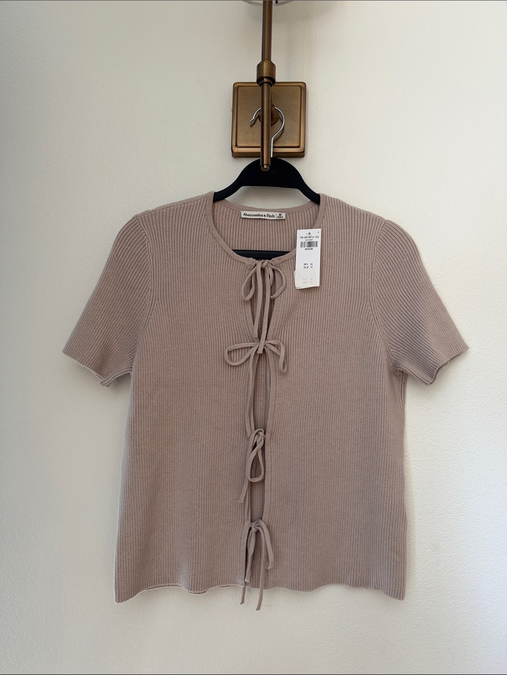 Abercrombie & Fitch Taupe Ribbed Short Sleeve Tie-Front Cardigan Top